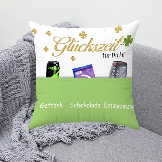 KAMACA Originelles Dekokissen Kissen mit 3 Taschen zum selbst Befüllen und Spruch Größe 43x43 cm tolles Geschenk für Anlässe wie z.B. Geburtstag (Glückszeit A)