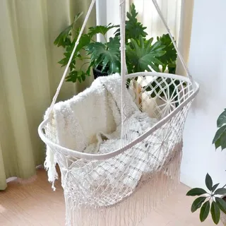 Baby Wiege Hängebett Boho Style Hängematte Wiege mit Quaste Seite Komfort Krippe Minsheng Webstoff