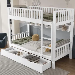 Flieks Etagenbett 90x200cm mit Rausfallschutz, Kinderbett mit 2 Schubladen, Hochbett mit Lattenrost, Stockbett Holzbett mit Leiter, Einzelbett Weiß - Weiß