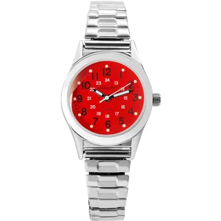 Excellanc Damen-Uhr Edelstahl Zugband 19cm ⌀ 28mm 14mm breit silberfarbig rot Luminazeiger gut lesbar 24 Std Anzeige