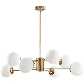 KCO Lighting 8-flammiger Sputnik-Kronleuchter aus Weißem Glas, Moderne Goldene Sputnik-Kronleuchter für das Wohnzimmer, Goldene Vintage-Pendelleuchte mit 8 Lichtern für die Kücheninsel