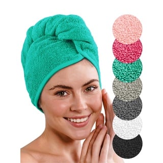 LAYNENBURG 2er-Set Premium Haarturban mit Knopf aus 100% Baumwolle - Haarhandtuch inkl. 8 Haargummis - für Kurze und Lange Haare – Turban Handtuch ist schnelltrocknend und saugstark (türkis)