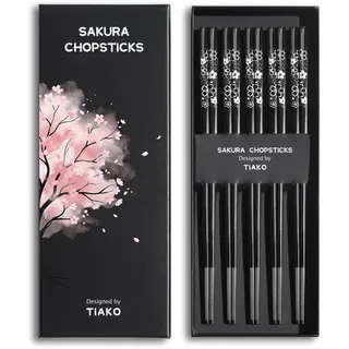 TIAKO Edelstahl Essstäbchen 5 Paar wiederverwendbare Stäbchen spülmaschinenfest, 18/8 Edelstahl Schwarz, lasergravierte Kirschblüten–Geschenkbox, japanisches Sakura-Design für Sushi, asiatisches Essen