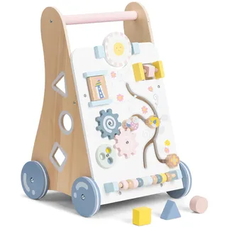 Navaris Lauflernwagen Baby Activity Wagen - Holz Lauflernhilfe mit Spielelementen - Spielwagen Laufwagen Holzspielzeug ab 12 Monaten - beige bunt