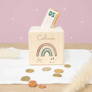 Spardose Personalisiert mit Namen aus Holz - 10x10cm Holzspardose - Geschenk zur Geburt, Geburtstag, Einschulung, Taufe - Sparschwein Aquarell Motiv für Jungen & Mädchen hellomini (Regenbogen rosa)