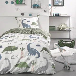 Familando - Bettwäsche-Set Dino (2-teilig) - 135x200cm Deckenbezug & 80x80cm Kissenbezug - für Jungen & Mädchen - Oeko-TEX-Zertifiziert & 100% Baumwolle - Renforcé Qualität mit Reißverschlüssen