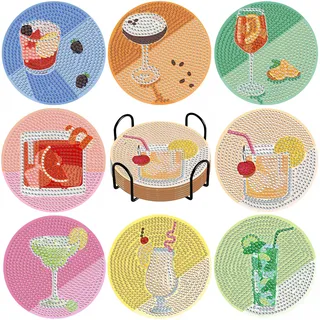 QIUQI 8 Stück Diamond Painting Untersetzer Cocktail, Diamant Malerei Untersetzer mit Halter, 5D Diamant Painting Untersetzer für Tassen, Weingläser, Vasen und Heimküche,Weihnachten Geschenk