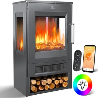 KESSER® Elektrokamin mit Heizung Panorama-Sichtfenster Heizlüfter 9 LED-Flammeneffekt Farbmodi Fernbedienung WiFi App 900/1800W Kaminfeuer elektrisch Elektro Kamin mit Thermostat Heizfunktion Timer