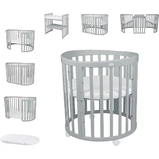 Waldin Babybett OWAL Kinderbett 7in1 mit Matratze, mitwachsendes Kinder-Bett,Ohne Stoffset,Holz grau - Grau