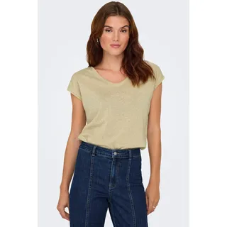 Kurzarmshirt ONLY "ONLSILVERY S/S V NECK LUREX TOP JRS NOOS", Damen, Gr. L, gold colour, Jersey, Obermaterial: 60% Polyester, 24% Viskose, 16% metallisierte Fasern, unifarben, loose fit normal, Rundhals, Shirts Kurzarmshirt, Materialmix mit Glitzer, loose fit, Rundhals