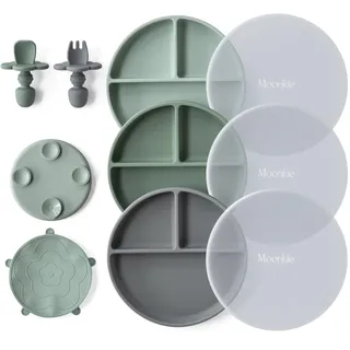 Moonkie 3pc Silikon Kinderteller mit Deckel, Baby teller mit Saugnapf, BPA-freie Rutschfest Geteilte Geschirr Set mit Gabeln und Löffel, Mikrowellen und Spülmaschinenfest(Mint/Grau Grün/Lunar Grey)