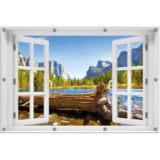 Wallario Outdoor-Poster für Garten oder Balkon 100 x 150 cm: Baumstamm im Fluss zwischen Bergen und Wäldern - Schwarz