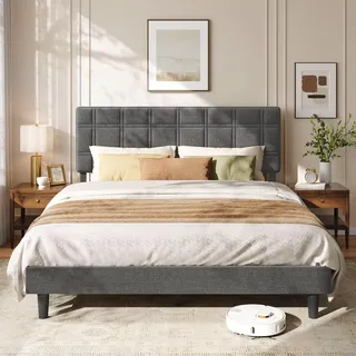 VASAGLE Bettgestell 160 x 200 cm, Polsterbett mit Kopfteil | Metallbett 160 x 200 cm, Holzlatten, Geräuschlos, Schlafzimmer, Schiefergrau, MAZEY Kollektion RMB185G101