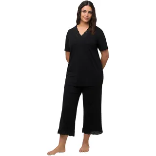 Ulla Popken Damen große Größen Übergrößen Plus Size Pyjama, Lochstickerei, V-Ausschnitt, Halbarm, Modalmix schwarz 46+ 806944100-46+