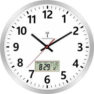 Foxtop Wanduhr Funk Digitale 30cm küchenuhr Funk Analog Wanduhr mit Temperatur und Datum LCD-Anzeige Uhr für Schlafzimmer, Badezimmer, Wohnzimmer