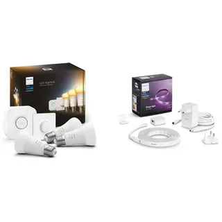 Philips Hue White Ambiance E27 3er Starter Set inkl. Smart Button 3x800lm & White & Col. Amb. Lightstrip Plus 2m Basis, 1600lm, 16 Mio. Farben, steuerbar via App, kompatibel mit Amazon Alexa