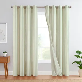 TOPICK Leinen Gestreifte Vorhänge Grün Streifen Gardinen mit Ösen Ticking Streifen Muster Leinenoptik Vorhänge Lichtfilterung für Wohnzimmer Nadelstreifen Gardine Blickdicht 2 Stück H225xB130cm