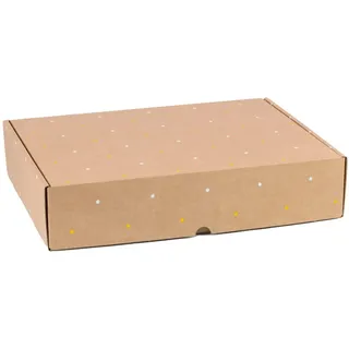 Packung mit 4 Geschenkkartons mit weißen und gelben Punkten bedruckt, Versandkartons, Selbstverpackung, Weihnachtsverpackung, Maße 38 x 28 x 8 cm (L x B x H)