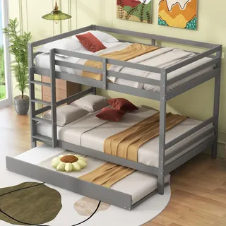 Etagenbett - 140 x 200 cm , Grau , Kiefernholz und MDF , mit Fallschutz , mit Ausziehfunktion , mit Treppe - Grau