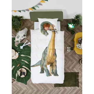 SNURK Dino Bronto Bettwäsche Set, 135 x 200 cm, inkl. 1 Kissenbezug 80 x 80 cm, aus 100% Bio-Baumwolle - Kinder Bettwäsche Dinosaurier Brontosaurus