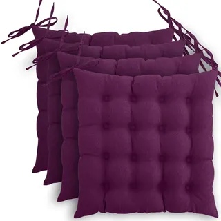 wometo 4er Set Sitzkissen 40x40 Oeko-TEX mit Bändern/Schleifen Beere lila | gesteppte Sitzpolster / Stuhlkissen mit Steppung für Indoor und Outdoor, drinnen und draußen nutzbar, im praktischen 4er Pack