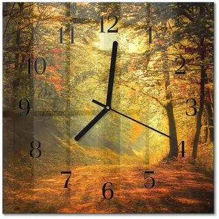 Tulup Wanduhr aus Glas 30x30 cm - Herbst im Wald , Orange , Quadratisch , 30x30x0.4 cm , Dekoration, Uhren, Wanduhren