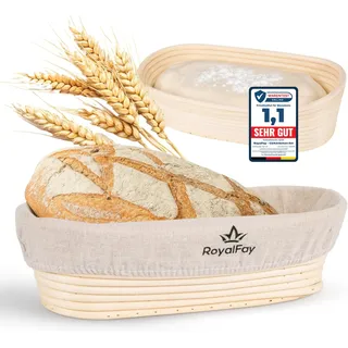 RoyalFay® Gärkörbchen oval 28 cm – Brotform aus natürlichem, atmungsaktivem Rattan für 0,5 kg Teig – inklusive Leinengärtuch – Gärkorb für Teigruhe, Sauerteig- und Brotformung