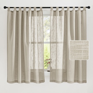 PONY DANCE Vorhänge Kurz Gardinen Leinenoptik Schlaufenschal 2er Set - Voile Gardinen Kinderzimmer Junge Luftige Vorhänge im Landhaussti Schlaufenvorhang, H 160 x B 140 cm, Taupe