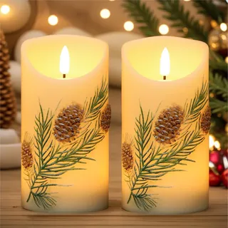 Eldnacele Tannenzapfen LED Kerzen mit 6H Timer, Flammenlose Kerzen im Waldstil mit Flackernder Flamme, Echtwachs Optik, Tannenzapfen & Eichel-Dekor für Herbst- & Weihnachtsdeko (7,6 x 14,5 cm)