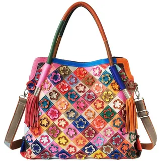 Segater Damen Mehrfarbig Boston Tasche Echtes Leder Bunte Große Tote Handtasche Geldbörse, Bunte Blume, mittlere Größe