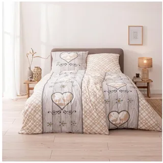 MTOnlinehandel Landhaus-Stil Bettwäsche 135x200 + 80x80 cm · 4teilig, Karo Hirsch Herz Holzoptik · 100% Baumwolle · Vintage Partner Bettwäsche-Set Geschenk TRAUMHELDEN