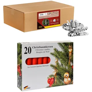 IDENA 90485 - Baumkerzenhalter für den Weihnachtsbaum, 20 Stück in Silber inkl. 20 Baumkerzen in Rot, Vintage Kerzenhalter aus Metall, mit Clip für Äste bis 1,5 cm Dicke