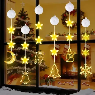 HEYIDAMAI LED Saugnapf Weihnachten Lichter, 6 Stück LED Fensterlicht Saugnapf, Weihnachtsbeleuchtung Hängend Fensterlicht, Vorhang Licht Batteriebetrieben für Fensterdeko.