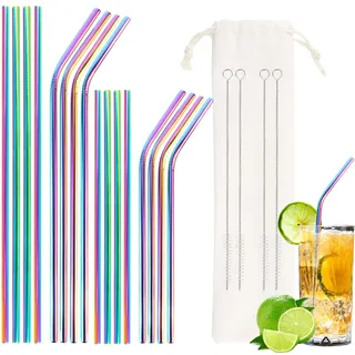 16 Stück Edelstahl Strohhalme, Bubble Tea Strohhalme, Bunte Dünne Trinkröhrchen, wiederverwendbare und waschbare Strohhalme, Metall Trinkhalme mit 4 Reinigungsbürste und 1Tasche für Cocktail,Smoothie