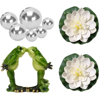 PLATEYTR Set mit 9 Miniteich Deko Set Schwimmfrosch mit für Miniteich Terrassenteich Zinkwannen Solarbrunnen Garten Balkon Teiche Deko 1 Frosch、6 Schwimmkugeln und 2 Schwimmend Lotusblüte(A-02)