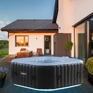 AREBOS Whirlpool, In- & Outdoor, mit LED, aufblasbar, quadratisch, 600 L, 4 Personen, 154 x 154 cm, 100 Massagedüsen, mit Heizung, Inkl. Abdeckung - Schwarz