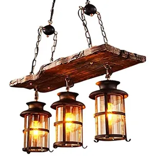 Vintage Holz Hängeleuchte Industrielle Pendelleuchte 3-flammig Pendellampe | Hängelampe im Retro-Landhausstil,Glas Lampenschirm E27-Fassung Kronleuchter für Esstisch, Kücheninsel Esszimmer Wohnzimmer