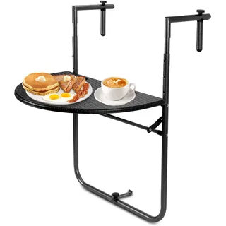 Balkonhängetisch, Balkontisch zum Hängen, Hängetisch klappbar Beistelltisch Gartentisch, Klapptisch mit 3 Höhen, 2 Tassenhalterungen, in Rattan-Optik, 60x40 cm Schwarz - Schwarz