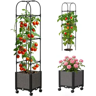 SUNYRISY Hochbeet mit Tomaten Rankhilfe, Blumenkasten mit Rankgitter und Rollenrad, Selbstbewässerung Pflanzkasten Pflanzkübel mit Garten Obelisk für Balkon Terrasse Kletterpflanzen