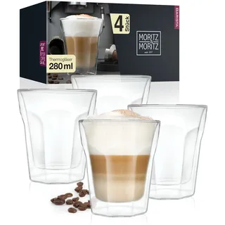 Moritz & Moritz Kaffeegläser doppelwandig 4x 280 ml Borosilikatglas | Thermogläser für Cappuccino, Latte Macchiato, Tee und Eiskaffee, kratzfest und spülmaschinengeeignet, je 10,5 cm hoch