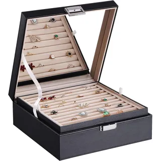 BEWISHOME Ohrringe Aufbewahrung Ring Organizer-11 Ringfächer, 25 Ohrringe-Compartments,Großer Spiegel,2 Ebenen Schmuckkästchen Manschettenknopf-Aufbewahrung für Mädchen Damen Herren,Schwarzes ESSH21B