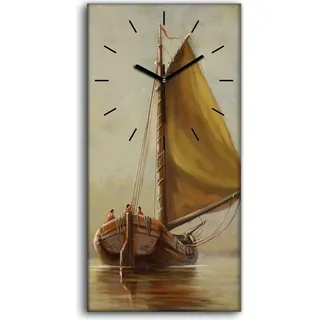 Leinwand Wanduhr Wandkunst Uhr Geräuschlos Kunstdruck 30x60 Boot Meer Sonne - schwarze Hände - Beige
