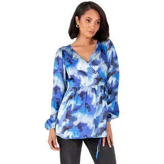 Lovedrobe Women's Wrap Top Ladies Blouse V-Neckline Long Balloon Sleeves Peplum Smart Casual Office Wear Evening Party Occasion, Blau 54