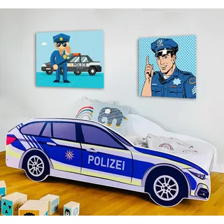 Autobett 80x160 cm Spielbett Kinderbett mit Rausfallschutz und Lattenrost 160x80 cm Bett Kinder Polizei Auto Wagen - Blau