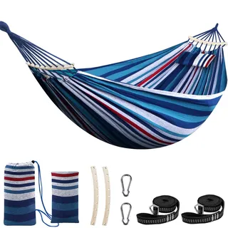 Chihee Hängematte aus Baumwolle Große,weiche,atmungsaktive Camping-Hängematten Hält bis zu 300kg Tragbare Baum-Hängematte mit abnehmbarem Spreizstab Kopfkissen 2 Starke Gurtbänder 2 Karabinerhaken