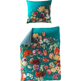 BIERBAUM Wendebettwäsche "Petrol Flowers", blau (petrol), B/L: 155cm x 220cm, 1 Stk., 1 Stk., Mako-Satin, B/L: 80cm x 80cm, 2 Stk., Mako-Satin, Obermaterial: 100% Baumwolle, Bettwäsche, Wendebettwäsche, mit innovativem Digitalprint