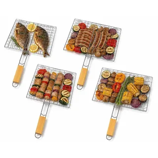 4x Grillgitter 23x21 cm mit Holzgriff – Grillrost Set aus Metall für Fisch, Fleisch, Gemüse und Würstchen – BBQ Grillzubehör für Holzkohlegrill, Camping und Outdoor Küche