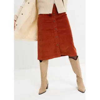 Cordrock BONPRIX, Damen, Gr. 50, braun (rostbraun), Cord, Obermaterial: 98% Baumwolle, 2% Elasthan, unifarben, A-Linie ca. Mitte Wade, Röcke Cordrock, mit Stretch, mit durchgehender Knopfleiste, mit Gürtelschlaufen