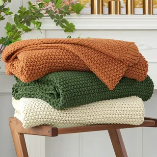 Longhui Bedding Grobstrick-Überwurfdecke, leicht, gebrannt, orange, 100% Bio-Baumwolle, Decke für Sofa, Couch, Bett, Baby, Kinderzimmer, rustikaler Shabby-Chic, modernes Bauernhaus, 129,5 x 160 cm
