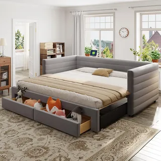 STILVORA Schlafsofa 90/180×190 mit Ausziehbett,Daybett mit 2 Schubladen unter dem Bett,Tagesbett mit Lattenrost,Baumwolle&Leinen,Grau(ohne Matratze) - Grau